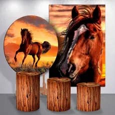 Kit Painel Festa Cavalo Fazenda Redondo Retangular Trio Capas Cilindro P M G Decoração