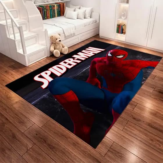 Tapete Retangular Infantil Menino Aranha Grande Super Herói Spider Antiderrapante Para Quarto
