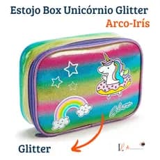 Estojo Box 1 Zíper Elástico Unicórnio Arco-Irís Glitter Infantil Escolar Versátil