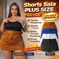 Short Saia Plus Size Cintura Alta com Cinto Com Lycra Modelagem Estruturada - ENVIO IMEDIATO !!!