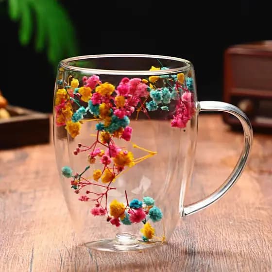 Copo de Vidro Duplo com Alça e Flores Secas 350ml – Transparente, Elegante e Resistente ao Calor