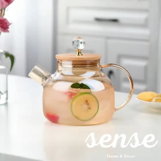 Chaleira de Vidro Âmbar com Infusor 1L Para Suco Ou Chá Com Tampa De Bambu