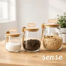 Pote de Vidro com Tampa de Bambu e Colher 230ml/690ml/1050ml para Armazenar Café, Chá