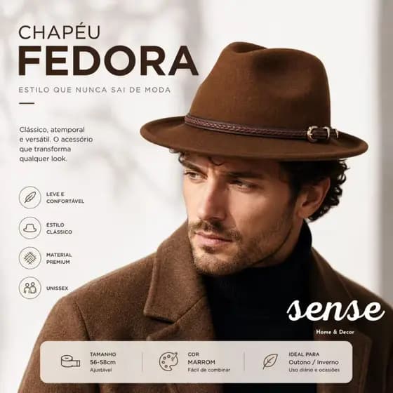 CHAPÉU FEDORA UNISSEX PREMIUM ESTILO ELEGANTE UNISSEX• ABA LARGA • LOOK MODERNO E SOFISTICADO