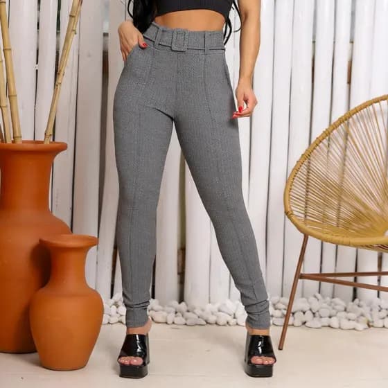 Calça Feminina Skinny Malha Crepe Com Cinto Forrado Cintura Alta