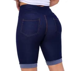 Shorts Jeans  Feminino Cintura Alta Bermuda Detalhe na Perna com Bolso Cotton Jeans Fake