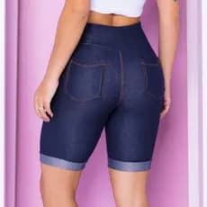 Shorts Jeans Feminino Bermuda Imita Jeans Fake Cos Alto de Cotton Com Bolso