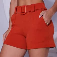 Shorts Feminino Fivela Curto Cintura Alta Malha Crepe com Bolso Elastano bermuda