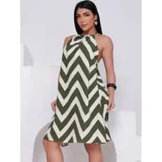 Vestido Feminino Curto Costa Nua Amarração com Bojo em Duna Estampada Zig Zag Elegante