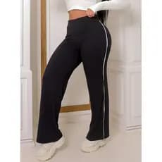 Calça Feminina Canelada Listras Laterais Algodão e Elastano Confortável Casual  Estilo flare Reta