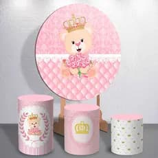 Decoração Festa Painel Redondo Com Capas Trio de Cilindro Tema Infantil Menina Ursinha Princesa Animado
