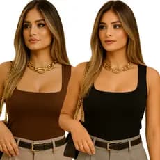 Kit 2 Body Feminino Decote Quadrado Alças Grossas Casual Elegante