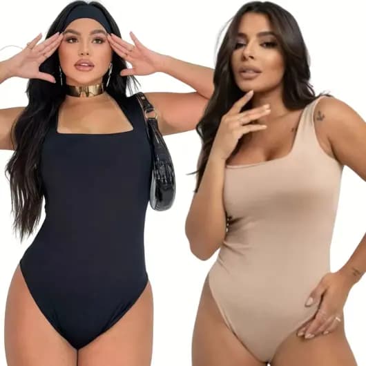 Kit 2 Body Feminino Decote Quadrado Alças Grossas Casual Elegante