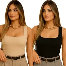 Kit 2 Body Feminino Decote Quadrado Alças Grossas Casual Elegante