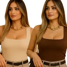 Kit 2 Body Feminino Decote Quadrado Alças Grossas Casual Elegante