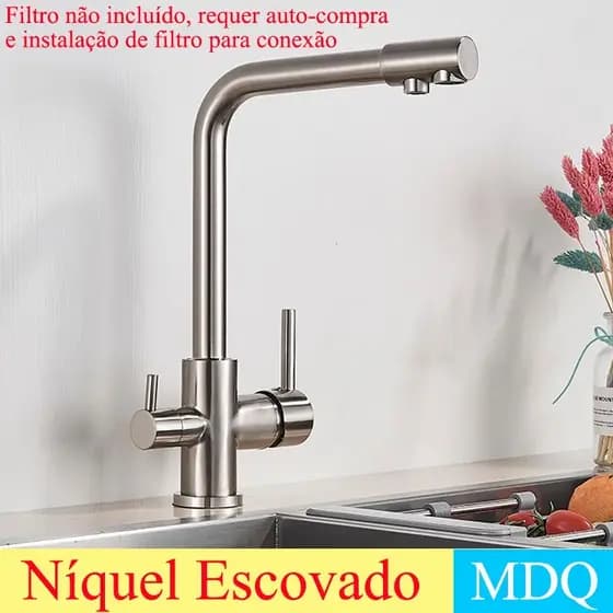 Torneira Cozinha Gourmet Com Filtro Bica,Giratória 360° - Água Quente e Fria, Aço Inox para Bancada