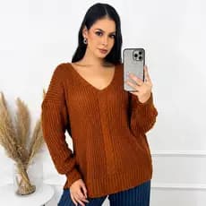 Blusa Tricô Feminina Oversized Manga Longa Gola V Inverno Confortável Básica Casual Moda Tendência
