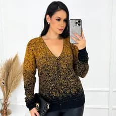 Cardigan Suéter Feminino Degradê Tricô Manga Longa Botão Casaco Elegante Inverno