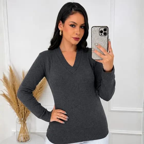 Blusa Feminina Tricô Decote V Manga Longa Básica Elegante Inverno