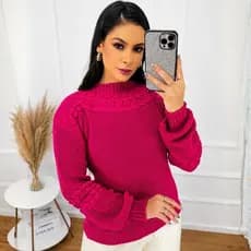 Blusa Tricô Feminina Manga Longa Gola Alta Trançada Inverno Modal Fashion