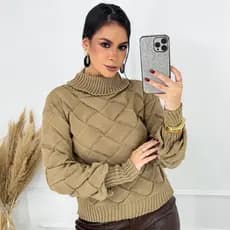 Blusa Tricô Trançada Feminina Gola Alta Manga Longa Inverno Quentinha Elegante