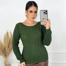 Blusa Feminina Tricô Ponto Fang Gola Canoa Manga Longa Trançada Inverno Elegante