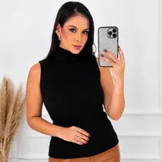 Blusa Gola Alta Feminina Canelada Sem Manga Tricô Modal Elegante Inverno