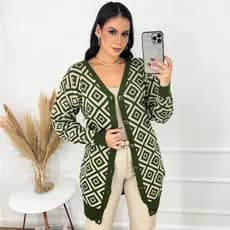 Cardigan Tricô Alongado Losango Manga Longa Inverno Sobre Tudo Feminino