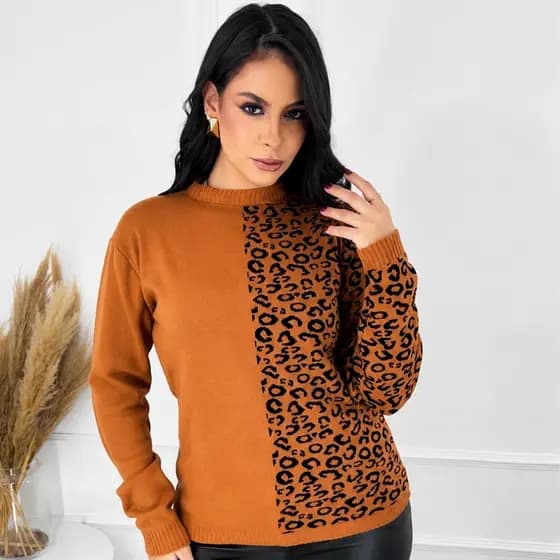 Blusa Feminina Animal Print Onça Modal Manga Longa Inverno Elegante
