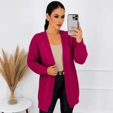 Cardigan Feminino Tricô Alongado Tranças Manga Longa Despojado Casual Inverno