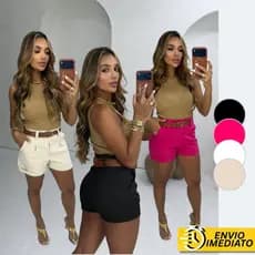 Short Alfaiataria Feminino Cintura Alta Com Cinto Material Premium PROMOCAO