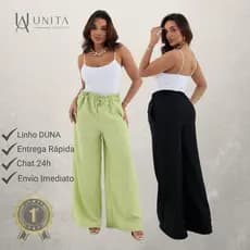 Calça Pantalona Linho Duna Com Bolso Cintura Alta Feminino Tamanho Único Envio Imediato
