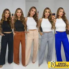 Calça Feminina Reta Alfaiataria Cintura Alta Pantalona Wide Leg PROMOCAO