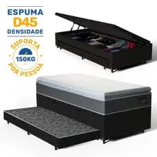 Cama Box Baú com Colchão de Espuma D45 Pillow Top Fort Comfort + Auxiliar Unique Solteiro 88cm