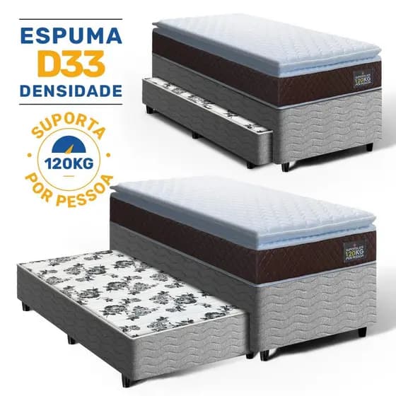 Cama Box com Colchão de Espuma D33 Pillow Top Comfort Luxo + Auxiliar de Espuma Unique Solteiro 88cm