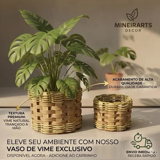 Kit com 2 Vaso de Planta Cachepot de Madeira Rústica com Fibra Sintética
