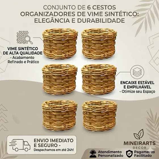 Kit Vaso de Planta Cachepô Redondo em Madeira Rústica e Fibra Sintética 2 Und/ 4 Und/ 6 Und