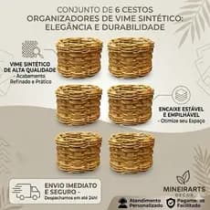 Kit Vaso Cachepô Redondo em Madeira Rústica e Fibra Sintética 6/ 12/ Und Atacado