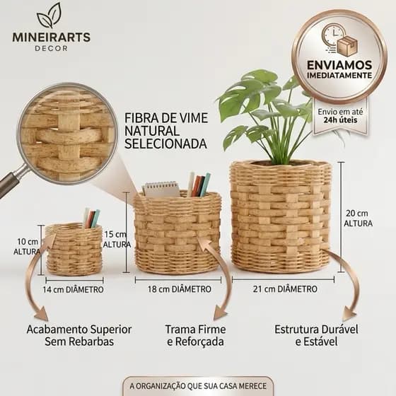 Kit 3 ou 2 Vaso Cachepô Redondo em Madeira Rústica e Fibra Sintética