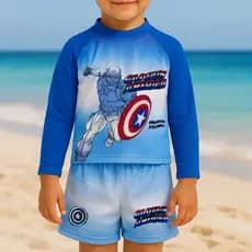 Camisa De Proteção Solar Uv50+ com Sunga Menino Térmica Capitão América Sunga Infantil