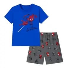 Pijama Infantil Marvel Personagens Camiseta Azul Short Estampado Conforto Estilo para Meninos
