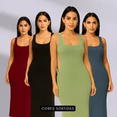 Kit 4 Vestidos Canelados Midi Feminino Tubinho Justo Elegante Versátil Poliamida Confortável Verão