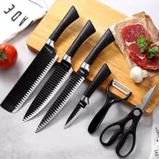 Kit Facas Antiaderente 6 Peças Preto Cozinha Profissional Inox com Tesoura e Descascador