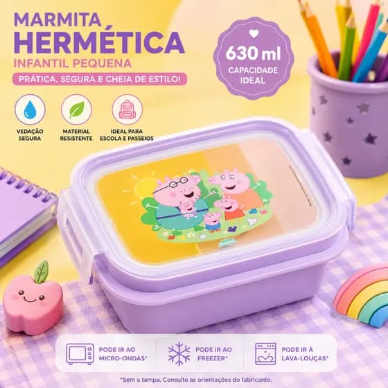Marmita Hermética 630 ml Peppa Pig com Divisória Lancheira Plasútil Pequena Escolar Infantil