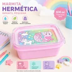 Marmita Hermética 630 ml Plástico Unicórnio Lancheira Escolar infantil Pequena