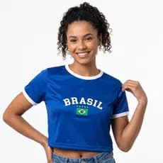 Cropped Manga Brasil Ribana Blusa Sem Bojo Copa do Mundo Rio de Janeiro Verão Praia Cor Azul 2026