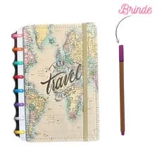 Caderno A5 8 Discos Anotações Escolar Mapa Mundi Azul Viagem Bege