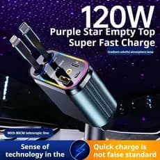 Carregador de carro retrátil com luz LED, carregador de carro rápido 4 em 1 de 120 W para iPhone e Android