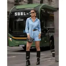 Conjunto Feminina em linho sem cinto camisa manga longa com short P M G