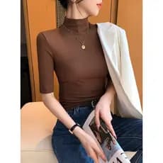 BLUSA FEMININA MALHADO GOLA ALTA MANGA DO MEIO SIMPLES Tecido De Ribana P M G